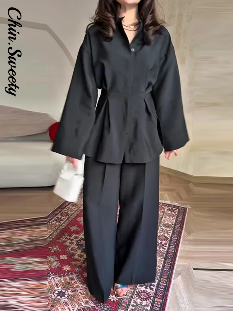 Traje de pantalón informal con cintura cerrada para mujer, pantalones de pierna ancha plisados con botones de manga larga, conjunto de moda 2025, conjunto de 2 piezas para mujer