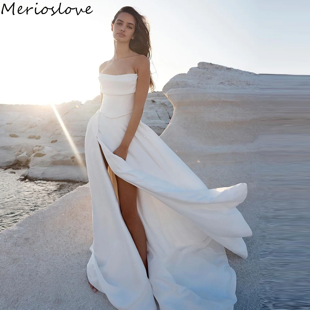 Merio slove einfache Brautkleider träger lose ärmellose Seite geteilt Strand Brautkleid minimalist ische Brautkleider