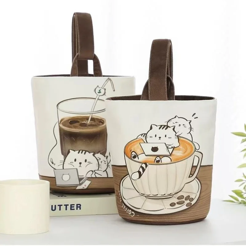 Cute Coffee Cat Canvas Bag Shopping Student Cute Bucket Handheld Bento Box Handbag Female Designer Bags Mother Kid Bags for Girl