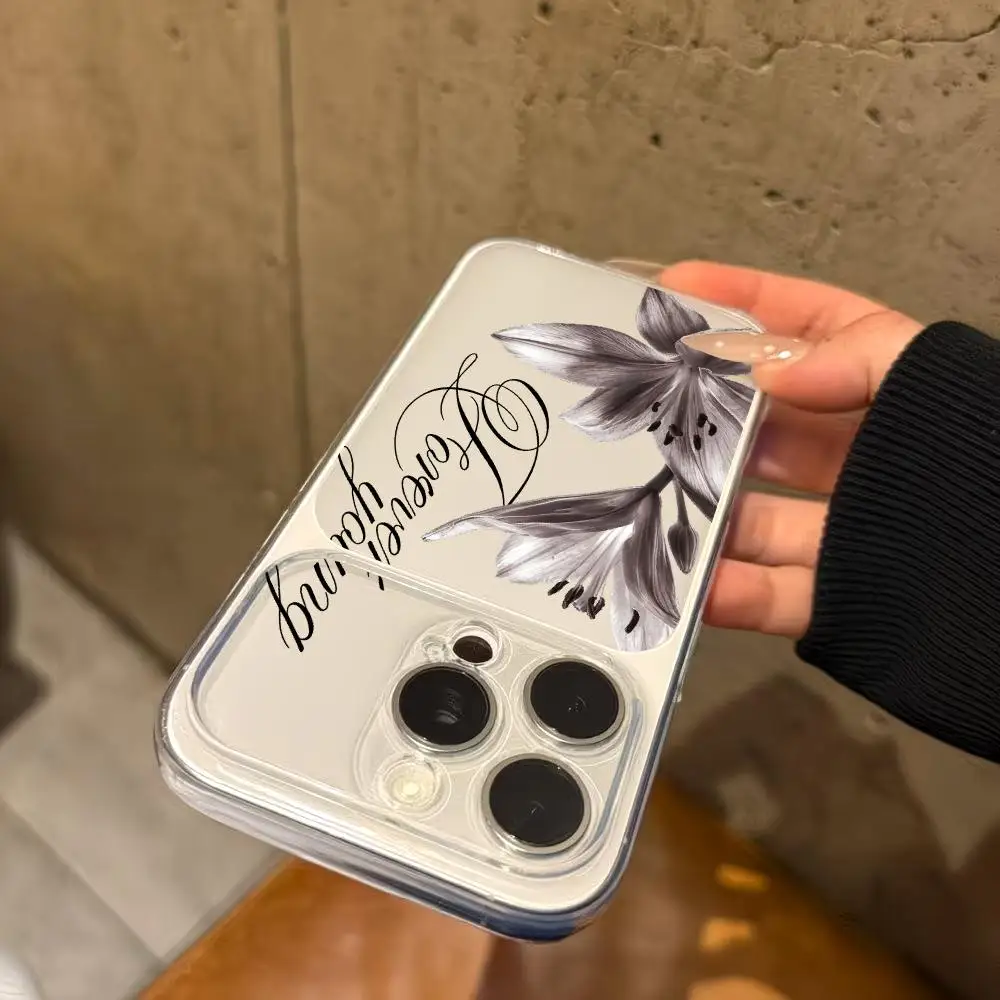 Flower text transparent phone case suitable for iPhone 18 17 16 15 14 13 12 11 Pro/Max/Plus anti drop and shockproof back cover