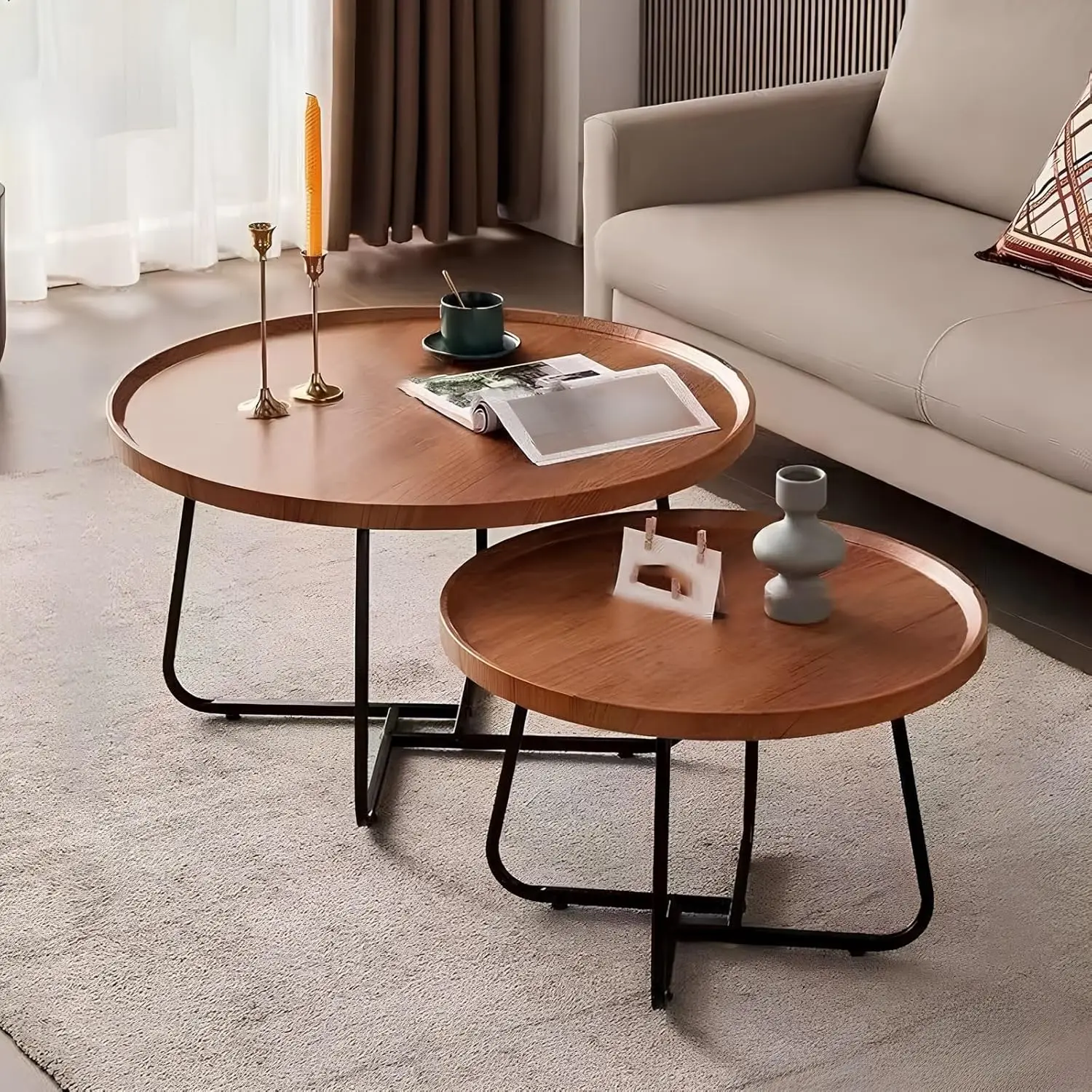 2-Piece Modern Farmhouse Coffee Table Living Room Coffee Table Set, Natural Wood Finish Side Table And End Table Set For