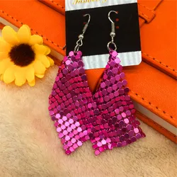 Rose gold glitter metal mesh punk aluminum mesh earrings for women fashion metal square mesh tassel metallic American earrings