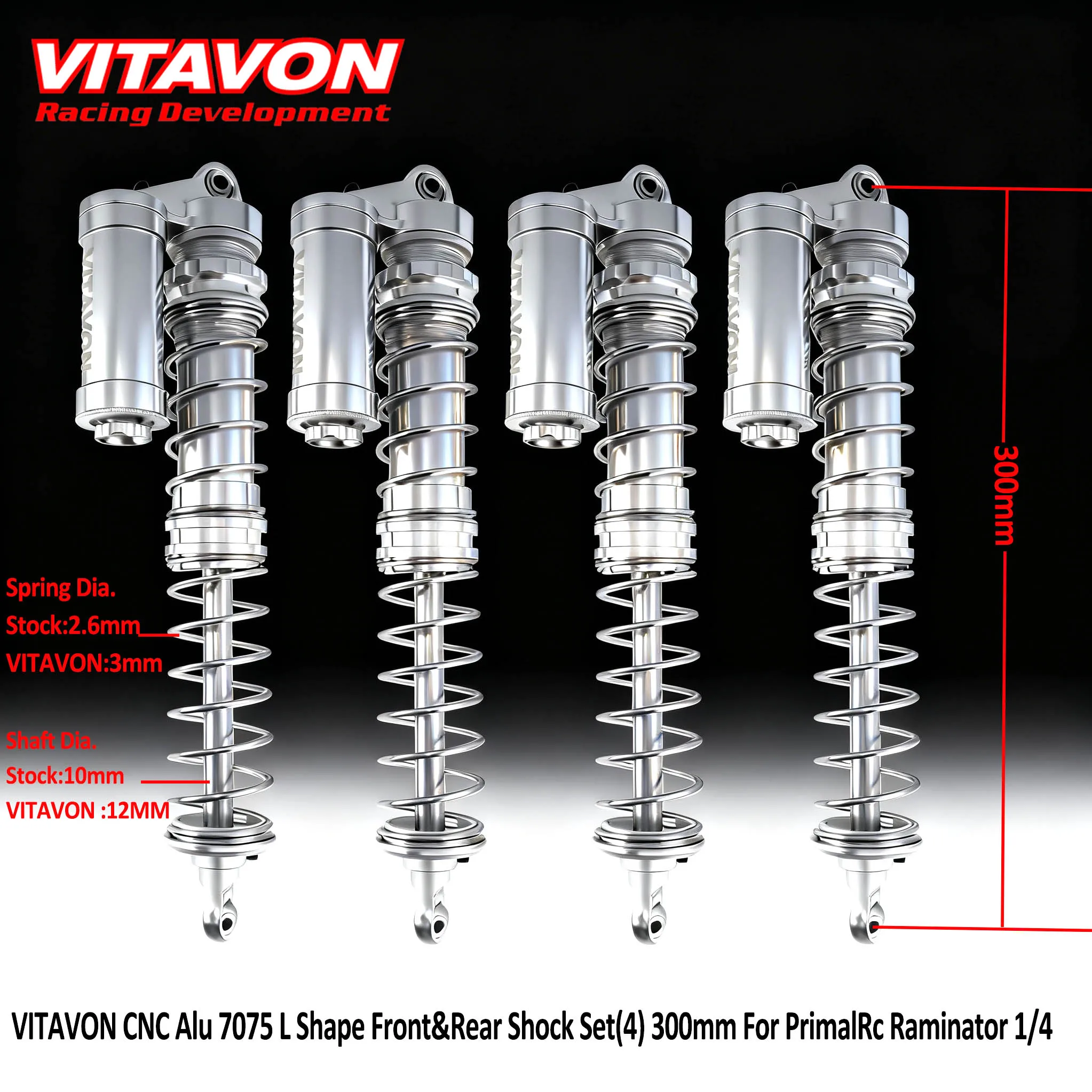 VITAVON CNC Alu#7075 L-Shape Heavy-Duty Front & Rear Shocks 300mm for PrimalRC Raminator Grave Digger 1/5
