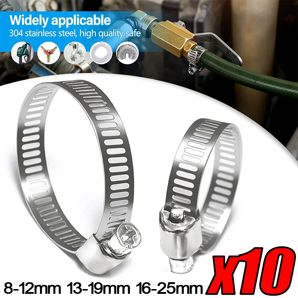 

10Pcs Hose Clips Pipe Clamps 8-25mm Adjustable 304 Stainless Steel Hoop Clamp Hose Clamp Car Fuel Hose Clip Water Pipe Fasteners