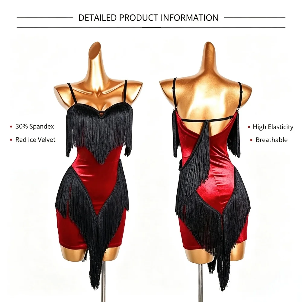 Women Red Velvet Fringe Latin Dance Dress Spaghetti Strap Salsa Cha Cha Tango Competition Stage Performance Costume