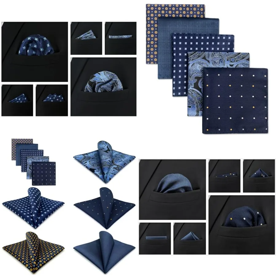 

Assorted 5 Pieces Mens Silk Pocket Squares Handkerchiefs Set Lot, Set43
