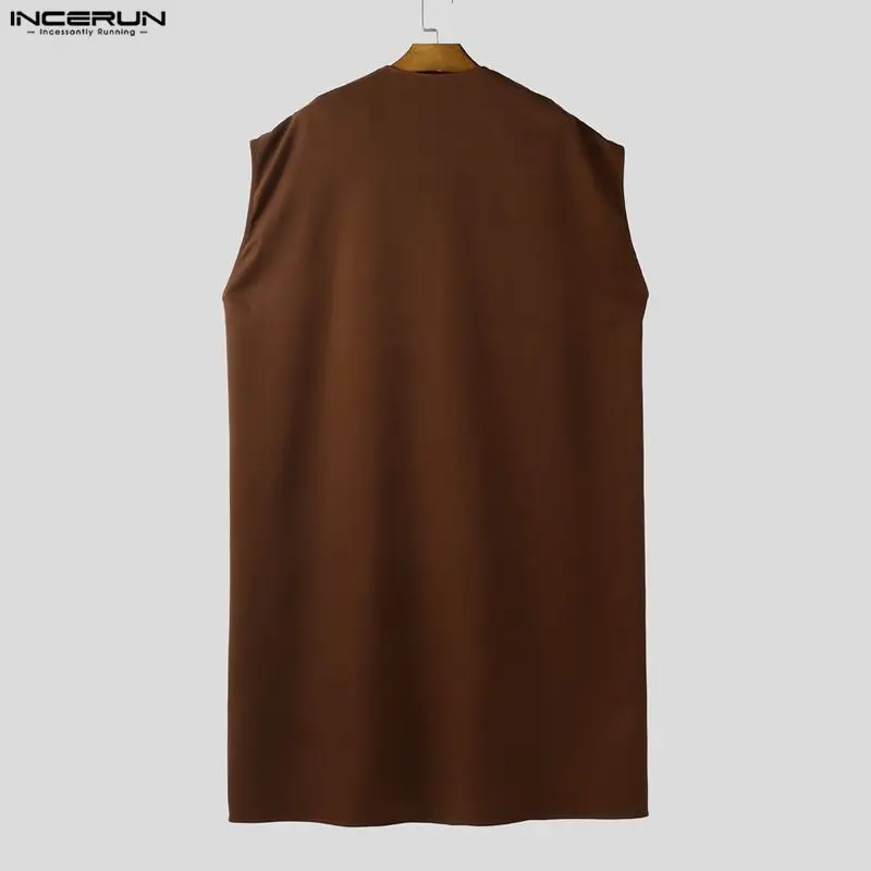 INCERUN سترات رجالية عباءة بلون واحد كبيرة الحجم بياقة على شكل V وزر واحد بدون أكمام صدريات للرجال ملابس الشارع الشهير موضة الرأس للرجال
