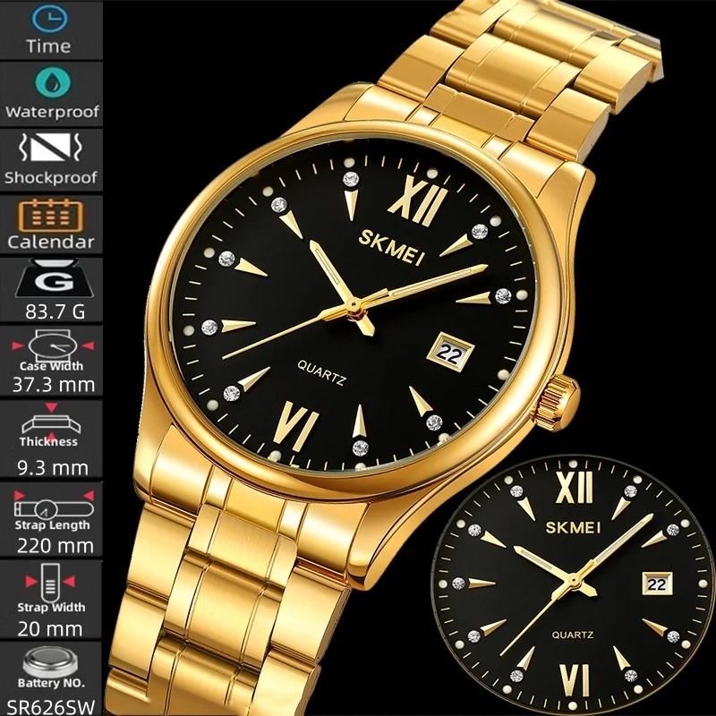 

Skmei Men's Quartz Bracelet Watches Luxury Rhinestone Dial Stainless Steel Band Waterproof Analog Display Calendar Wristwatch