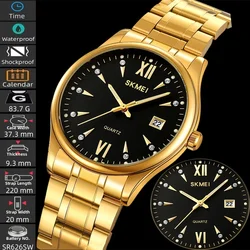 Skmei Men's Quartz Bracelet Watches Luxury Rhinestone Dial Stainless Steel Band Waterproof Analog Display Calendar Wristwatch