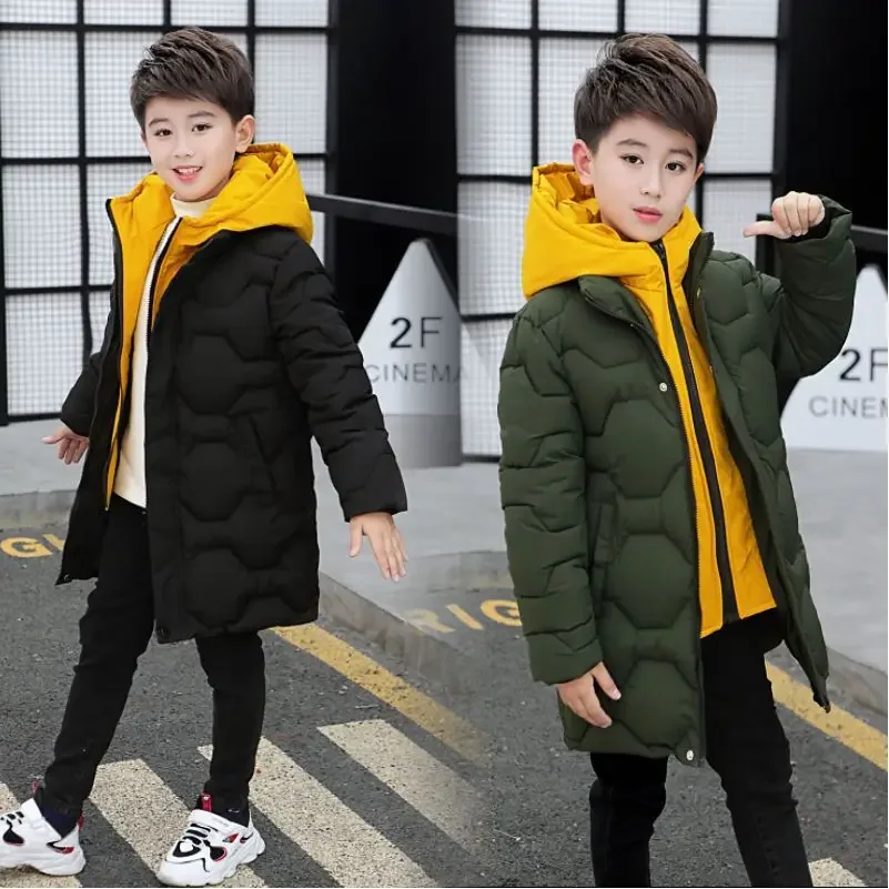 

4 6 8 10 12 14 Years Big Boys Jacket Autumn Winter Thicken Warm Teenager Kids Jackets Fashion Long Style Zipper Hooded Boys Coat