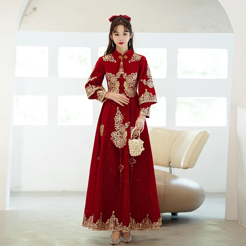 

Applique Satin Bride Wedding Dress Sexy Long Sleeve Burgundy Celebrity Banquet Dress Chinese Style Women Qipao Robe De Soiree