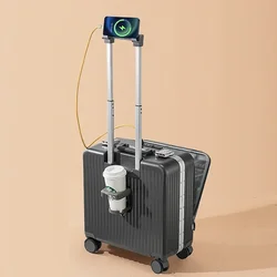 Rolling Luggage Travel Suitcase 18 Inch Front Open Cover Suitcases Boarding Box Student Trolley Password Case Cup Holder Trunk