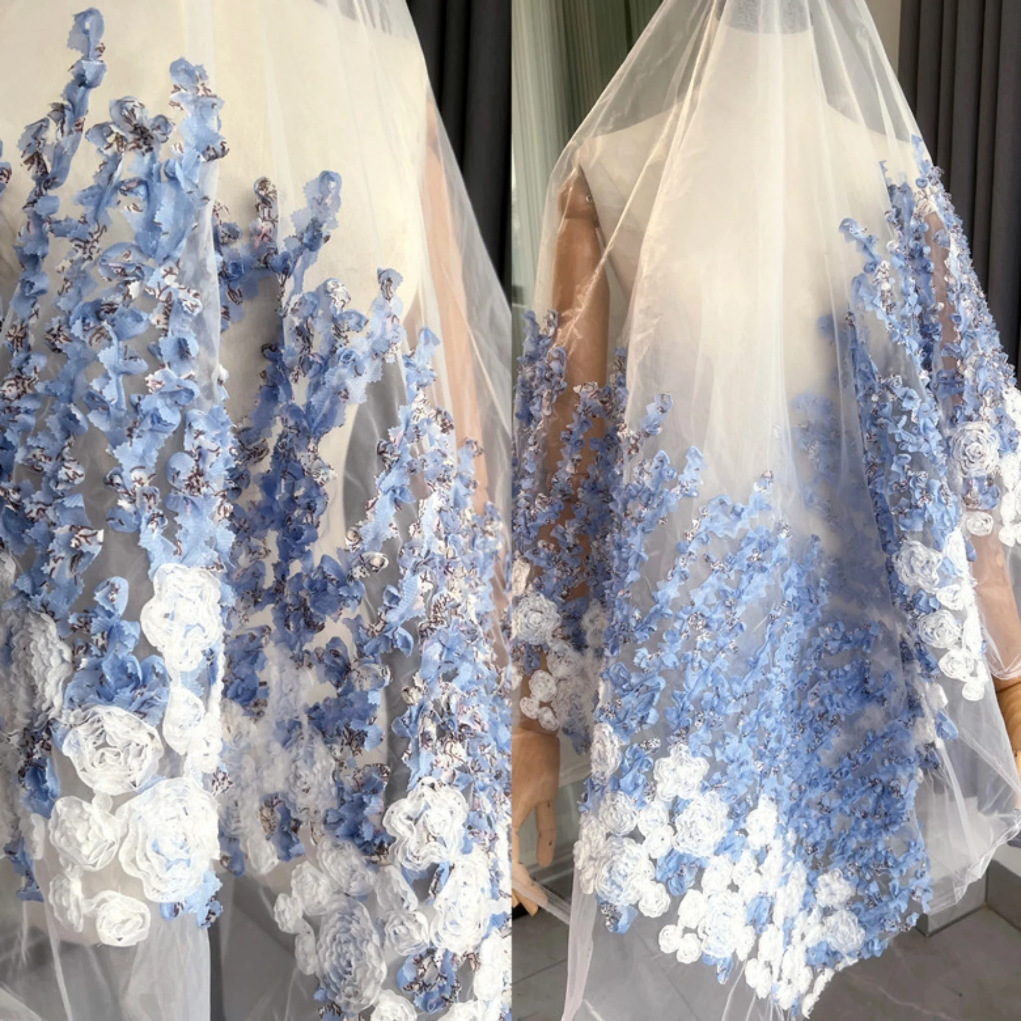 1Meter Blue White Double-Sided Gradient Organza Fabric with Three-Dimensional Flowers for DIY Handmade Clothing Skirt Evening Go view 2