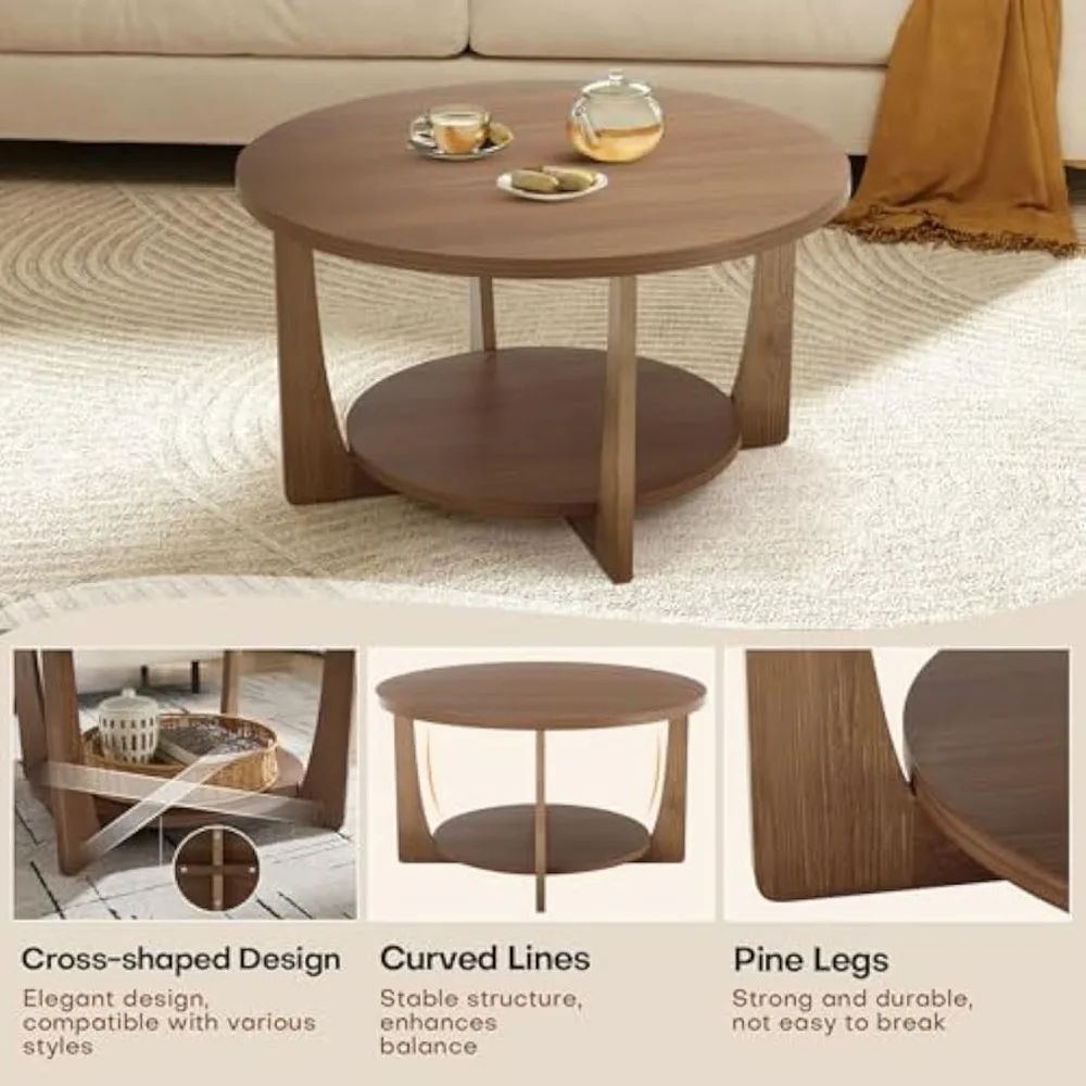 طاولة قهوة مستديرة من خشب الصنوبر الصلب مقاس 31.5 بوصة مع رف تخزين