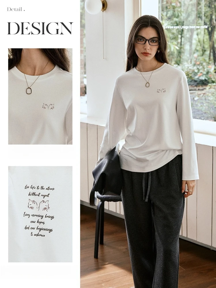 OLrain Women Print T-Shirts Casual Funny Cat O-neck Long Sleeve Tees 2025 Autumn New Female Tops Women's Clothing O57QT001091