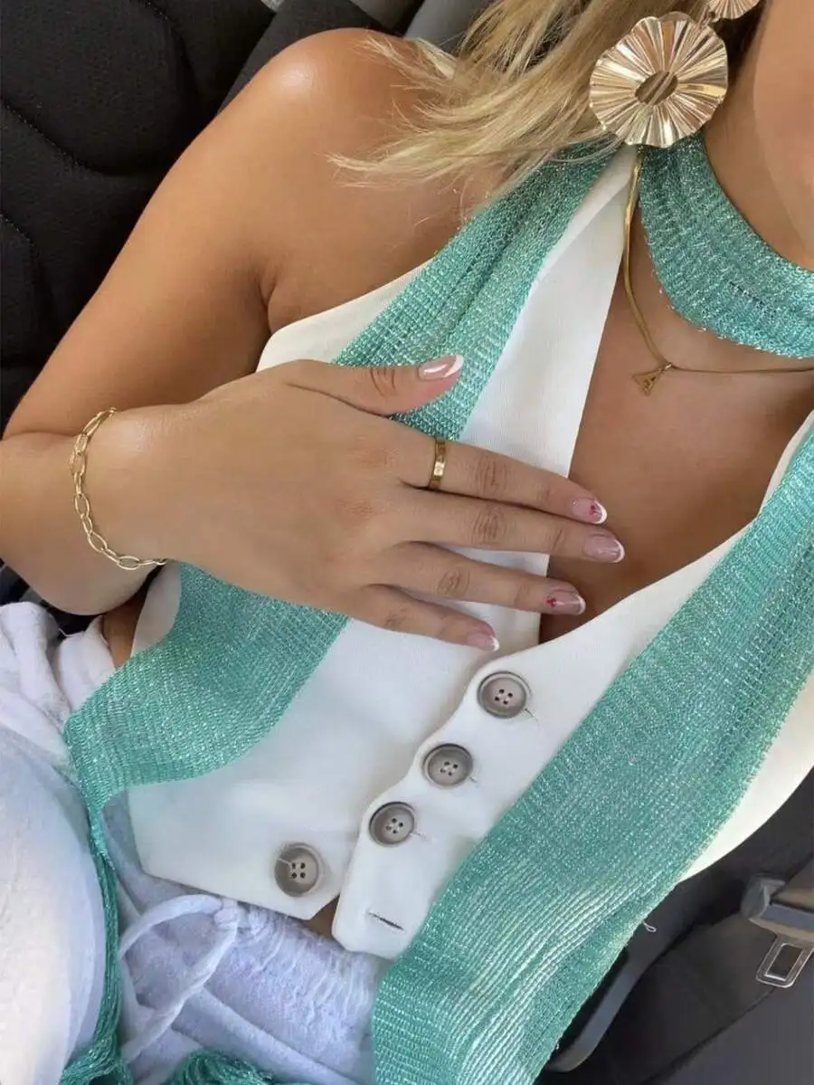 

Mint Green Shimmer Scarf With Buttons And Ribbons For Women Party Outfit
