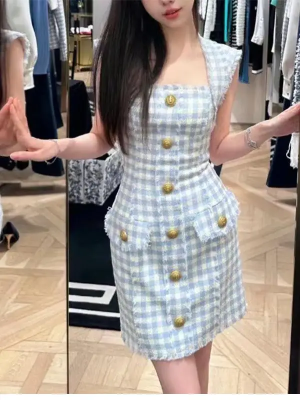 

Ele Plaid Dr Women's High-End Feel Thin Metal Bule Waist Cinched Slimming Skirt Square Collar Peoq Brand