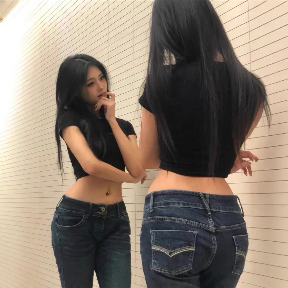 American Dark Blue Slightly Pulled Low-rise Jeans Women's Spring And Autumn Slim-fitting And Thin Tall Extended Bm Pants