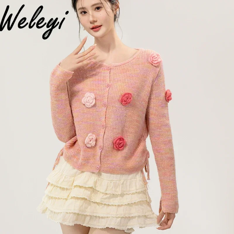 Dopamine Sweet 3D Flowers Knitted Cardigan Ladies 2024 Autumn Clothes New Fashion Women Long Sleeve Drawstring Sweater Cardigans