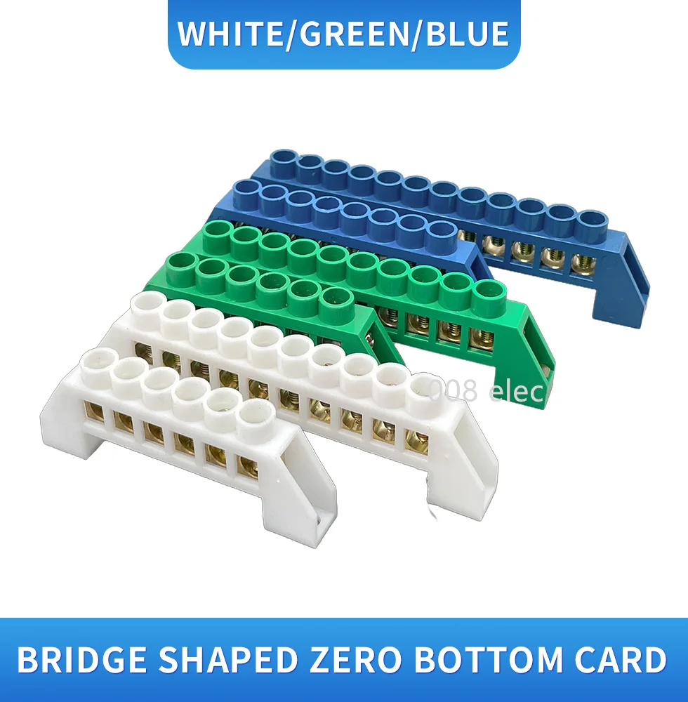 Blue White Green Bridge Design Zero Line 4-12 Pole Screw Brass Copper Grounding Strip Terminal Block Connector Earth And Neutral