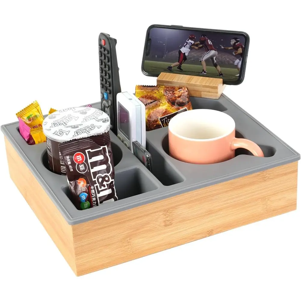 Gray Silicone Bamboo Couch Caddy with Rotatable Phone Holder, Waterproof Sofa Tray for Snacks, Beverages, and Remote Control