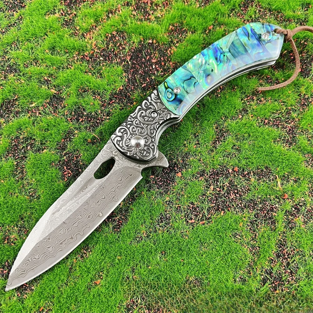 

Damascus Engraved Abalone Folding Pocket Knife Sheath Outdoor Survival Camping Knives Hunting Tactical Anniversary Man Gift