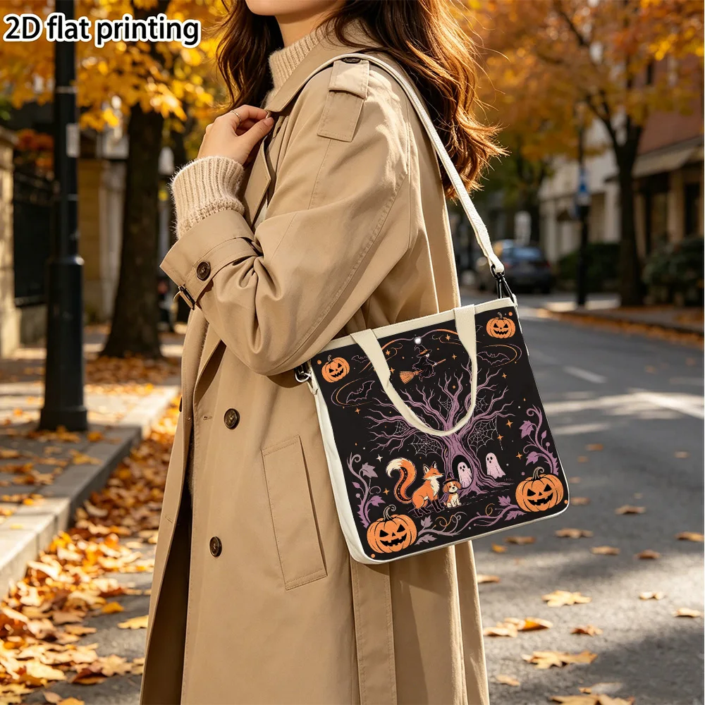 Witch flies tree ghosts pumpkins Women Double-Sided Printed Canvas Tote Bag Removable Strap Lightweight for Short Trips
