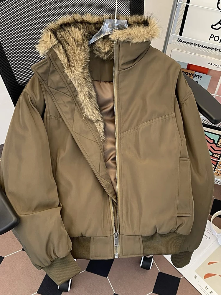 

Thiened Cotton Bomber Jaet Men's ort Sle Mountain Eagle Fur Collar American Retro Winter Warm Polyester Fiber Coat