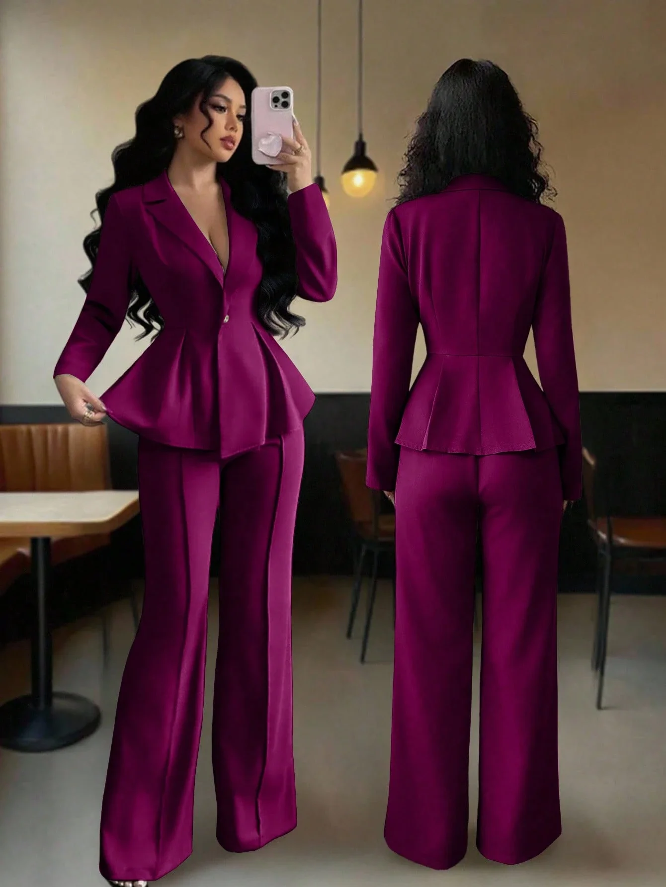 

Elegant Waist Cinched Pant Suit For Women, Flared Slim Trousers, Office Lady Formal Outfit