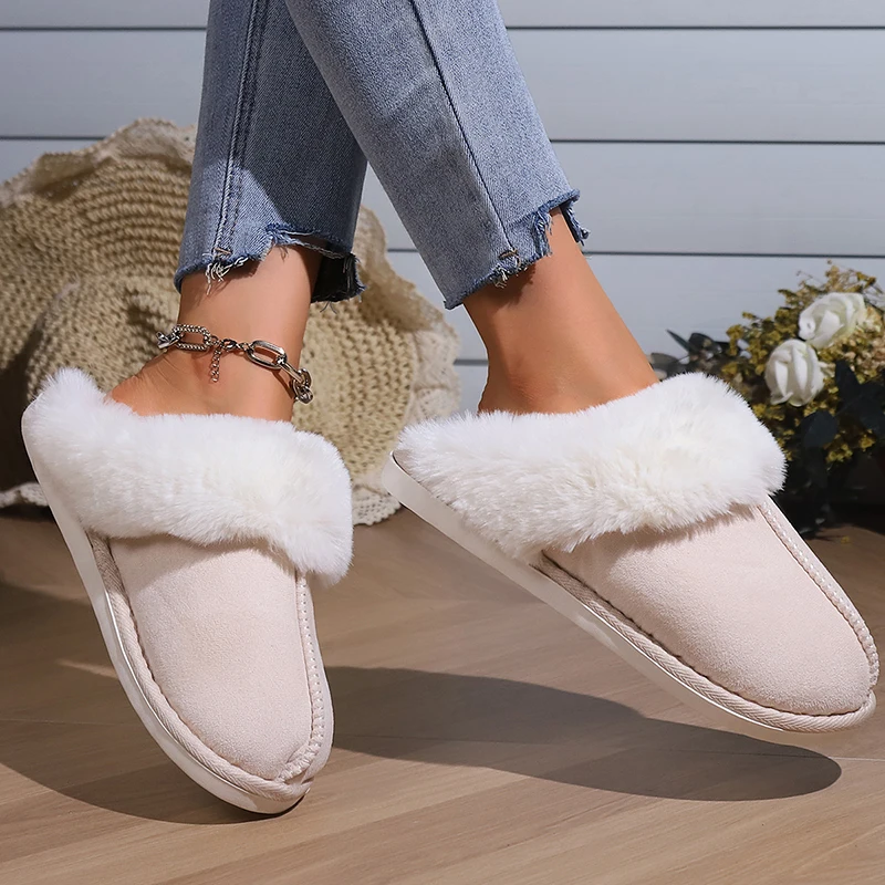 Zapatillas de casa de piel cálida para mujer, pantuflas de ante sintético con punta cerrada para parejas, zapatos cómodos de suela blanda para casa,