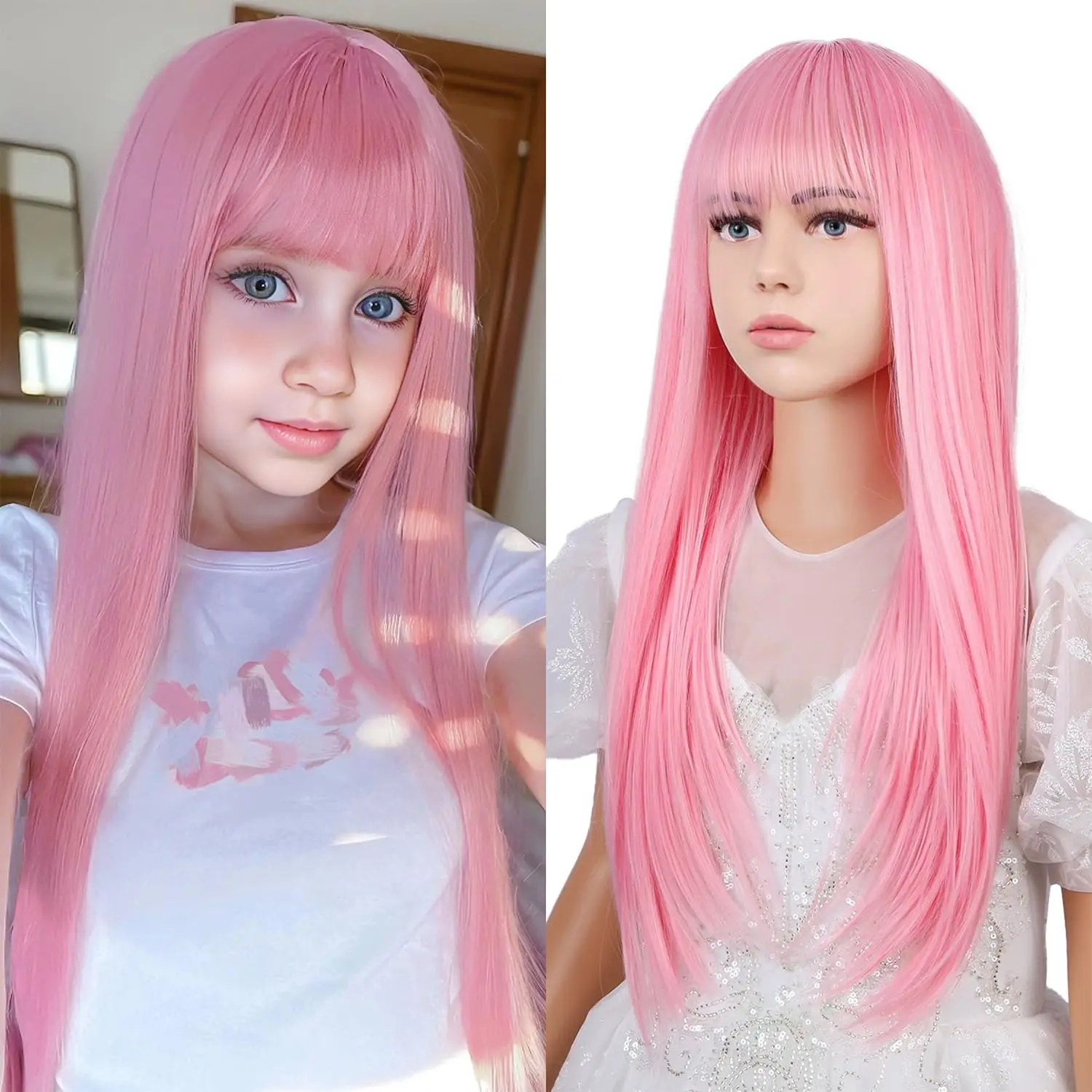 Light Pink Synthetic Wig Children Girls Natural Long Straight Bangs Hair Women Heat Resistant Daily Cosplay Full Headgear