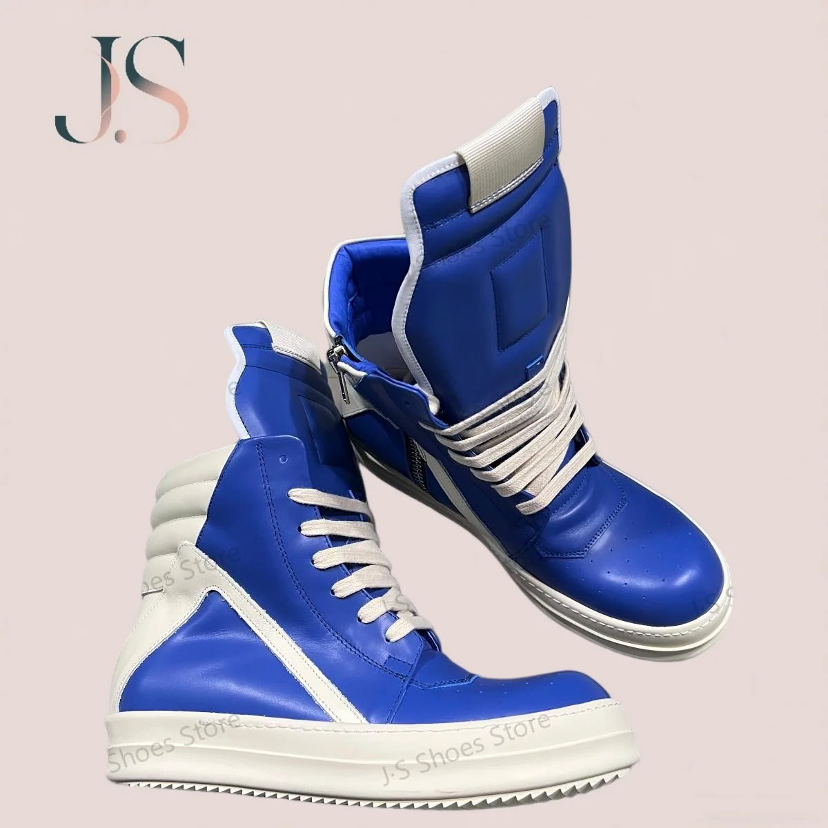 

Ro Luxury Men Shoe Brand Sneaker Blue Leather Ankle Boot High Top Casual Shoes Women Boots Zipper Lace Up Thick Sole Sneakers