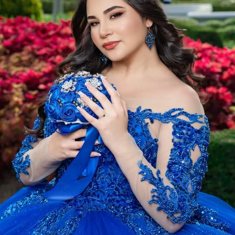 

sapphire Quinceanera Dress off-shoulder Glitter crystal Decal Lace layering Vestidos De 15 Quinceanera ﻿Customize