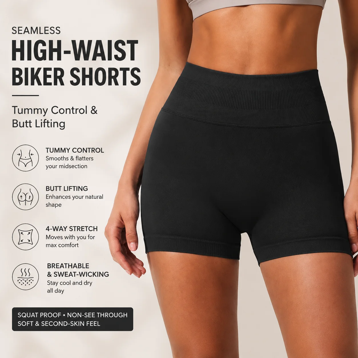 Women's High-Waist Seamless Biker Shorts with Ribbed Waistband Tummy Control Yoga Shorts Squat-Proof Compression Gym Bottoms