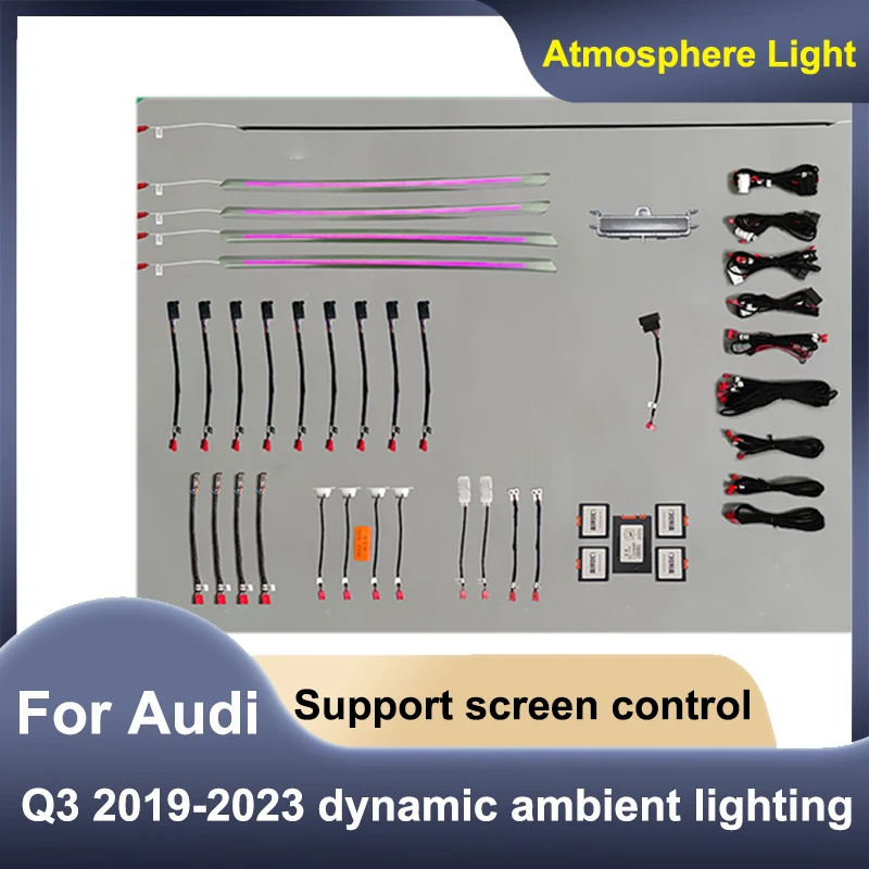 

Для Audi Q3 Q3L 2019-2023, 64 цвета, внешнее освещение, внутреннее освещение, насадка на вентиляционное отверстие, приборная панель, декоративная лампа для двери автомобиля