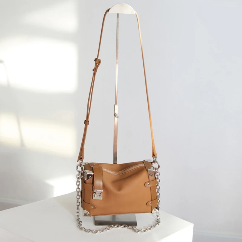 Soft Leather Double Chain Bag Textured Large Capacity High Quality Button Nail Square Fashion Khaki Women Shoulder Crossbody