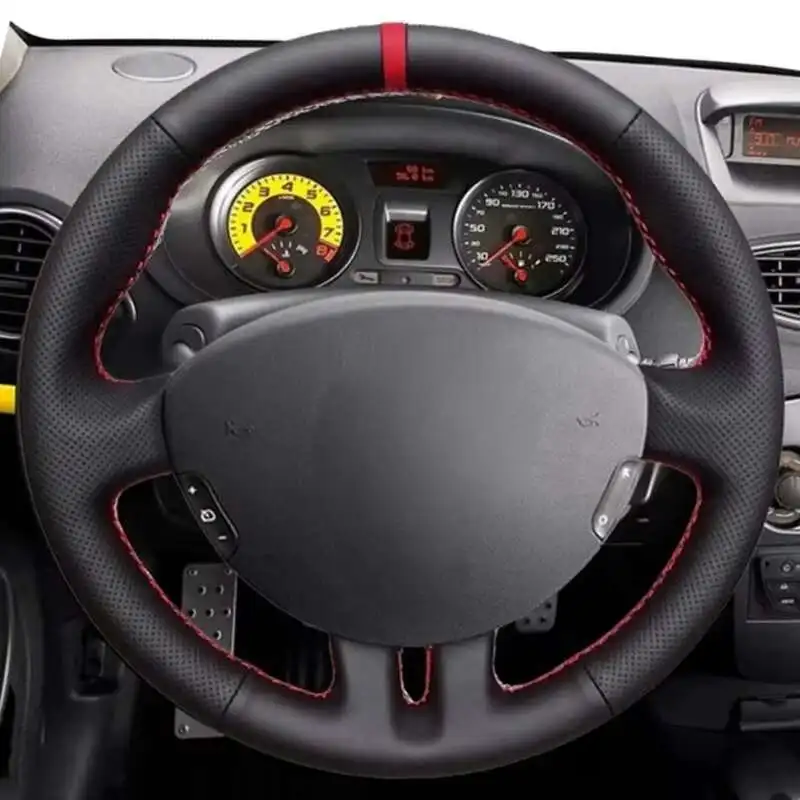 For Renault Clio 3 2008 2009 Clio Dynamics 2008 Clio Mk 3 Artificial Leather Braid Hand-Stitched Black Car Steering Wheel Cover