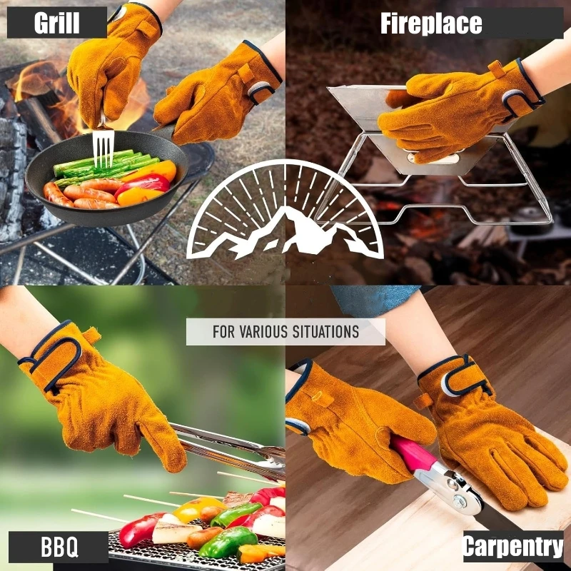 Cowhide Leather Safety Work Gloves Heat Resistant Fireproof Welding Gloves for Men Firepalce Forge Furnace Industrial BBQ Gloves
