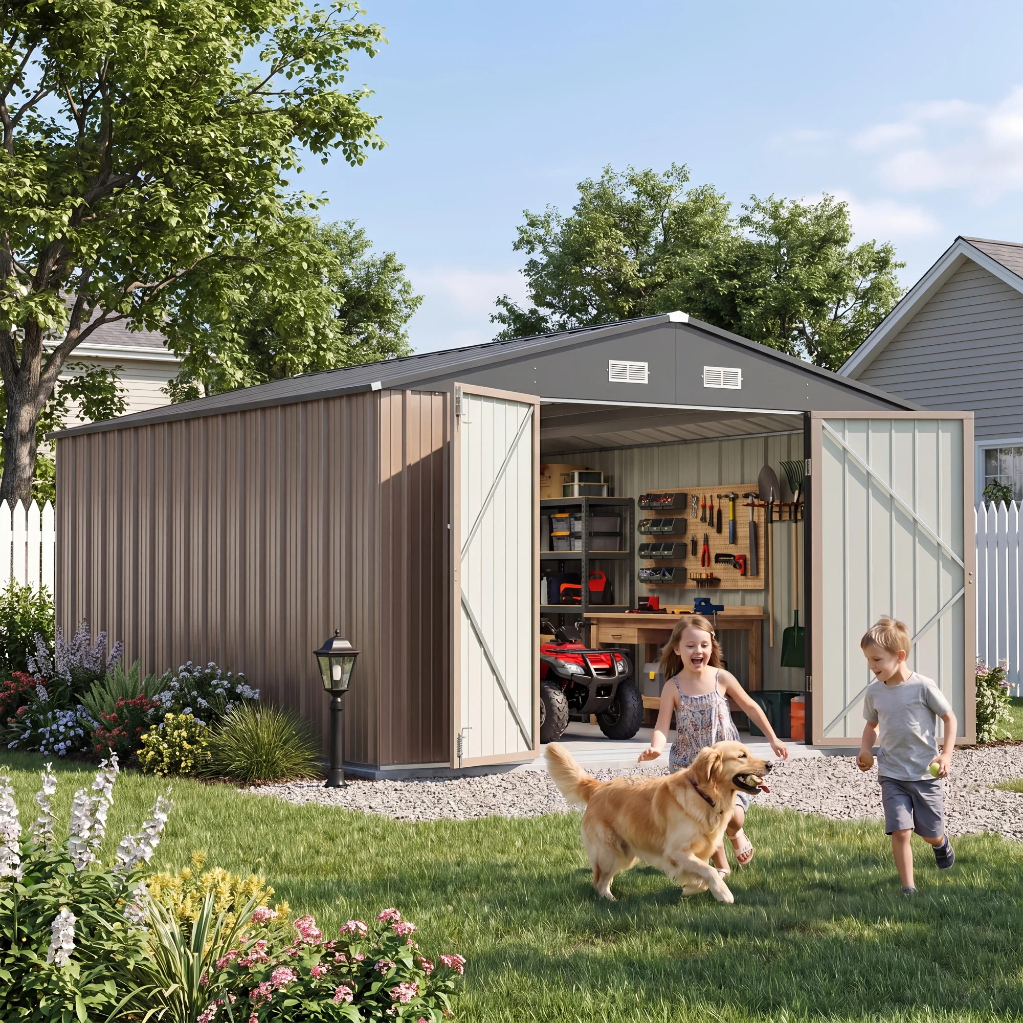 

GUNJI 10 X 12 FT & 10 X 8 FT Outdoor Storage Shed With Double Hinged Large Door Utility Garden Shed With Lockable Door & Sloped Roof Metal Sheds Outdoor Storage For Garden, Backyard, Patio And Backyard