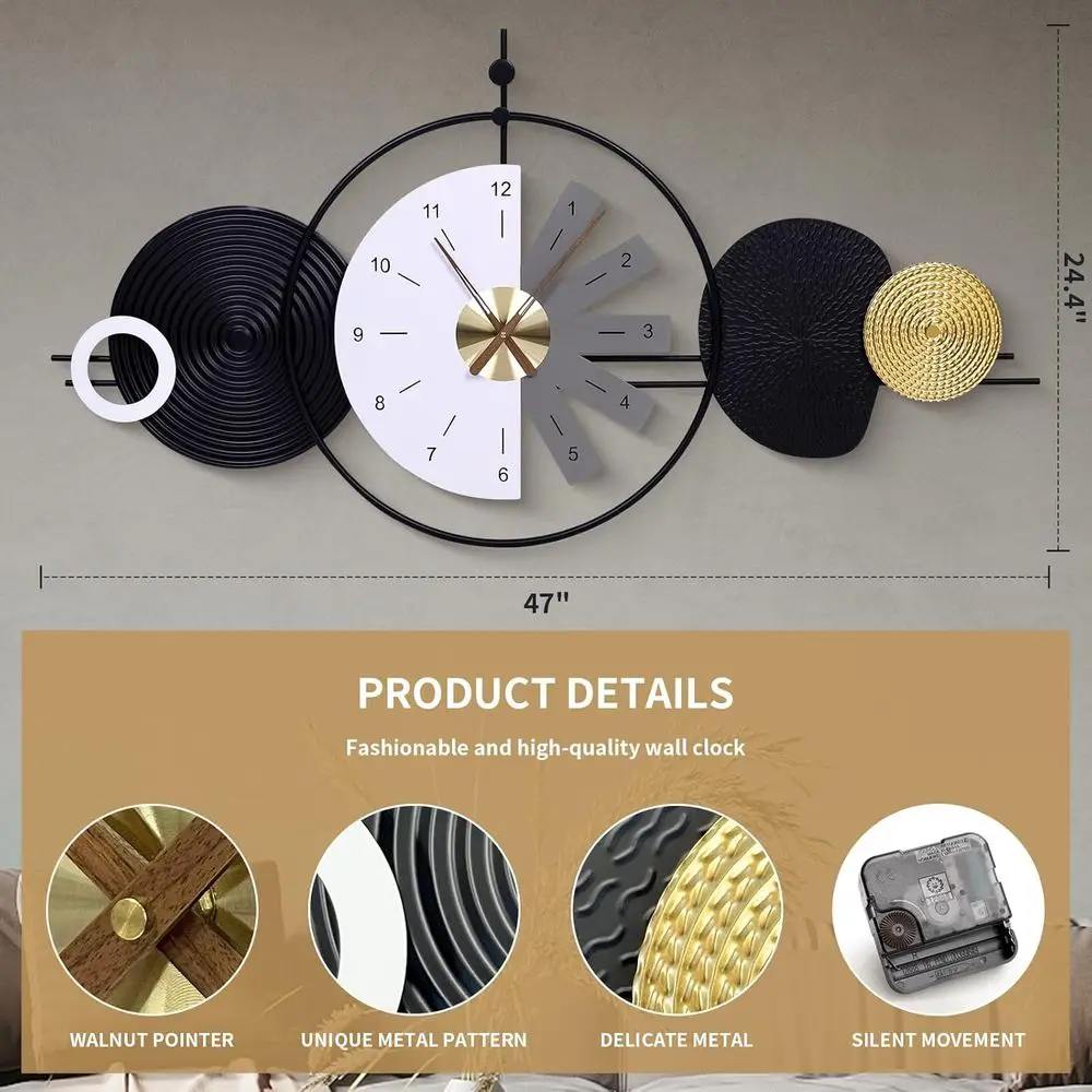 Modern Silent Luxury Wall Clock, 47x24.4in, Stylish Geometric Design for Home, Office, Kitchen