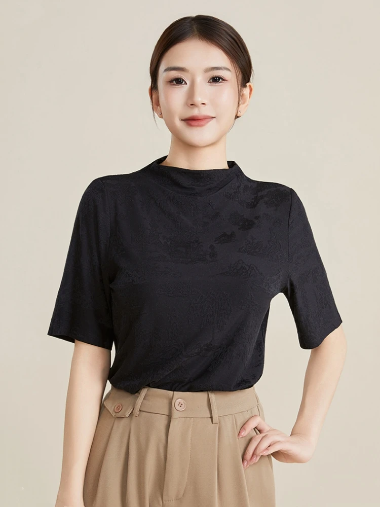 Birdtree, 93% Real Silk 7% Spandex Basics Tshirt,  Jacquard Solid Tops, Women's Short Sleeve Shirt, 2026 Spring Clothes T61018JF