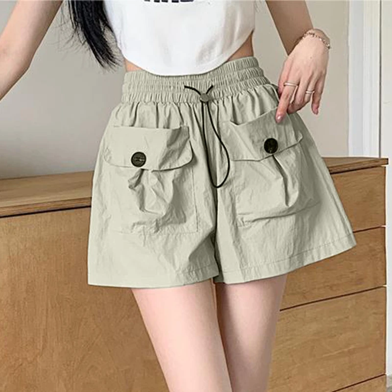 Fashion High Waist College Style Solid Color Large Pocket Casual Shorts For Women