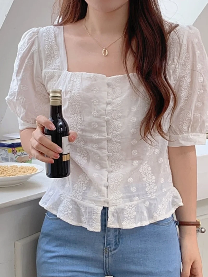 Chique manga curta bolha csa branca fena verão doce vintage gola quadrada bordado topo estilo coreano moda de deslocam...