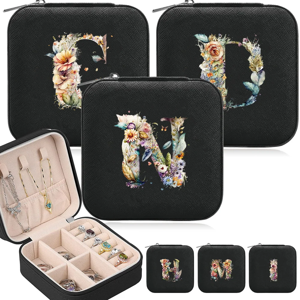 

Fashionable Travel Mini Jewel Organizer Case Floral Letter Printing Pattern Portable Jewelry Box Necklace and Earring Display