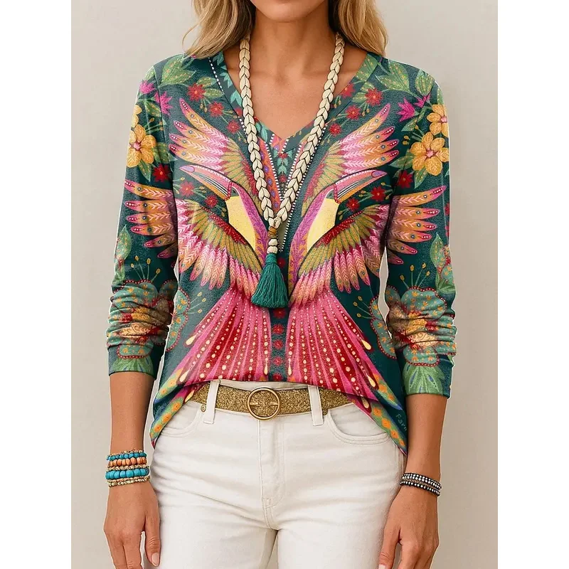 Women's T-Shirts Floral Graphic Bird Graphic Elegant Fashion Tees Long Sleeve T-shirts V-Neck Regular Tops Casual Pullover Fall