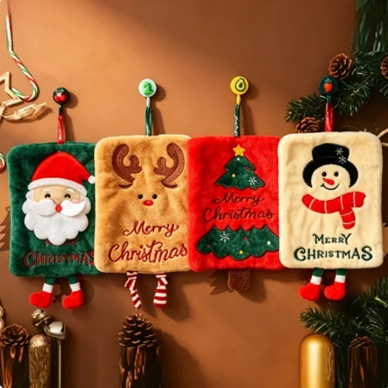 Merry Christmas Hand Towel, Thick Coral Fleece Cute Cartoon Hand Towel with Extended Hanging Rope, Absorbent & Quick‑Drying
