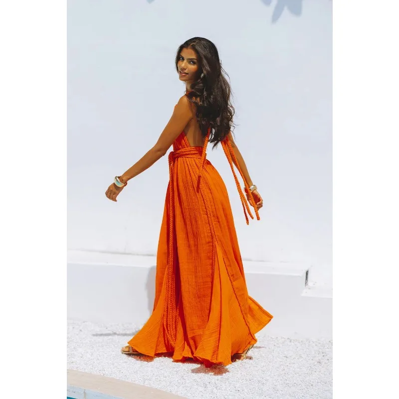 Sexy Summer Women Beach Smock Dress Elegant Y2K Strap V Neck Backless Lace Up Bandage Vacation Holiday Loose Long Dress Sundress