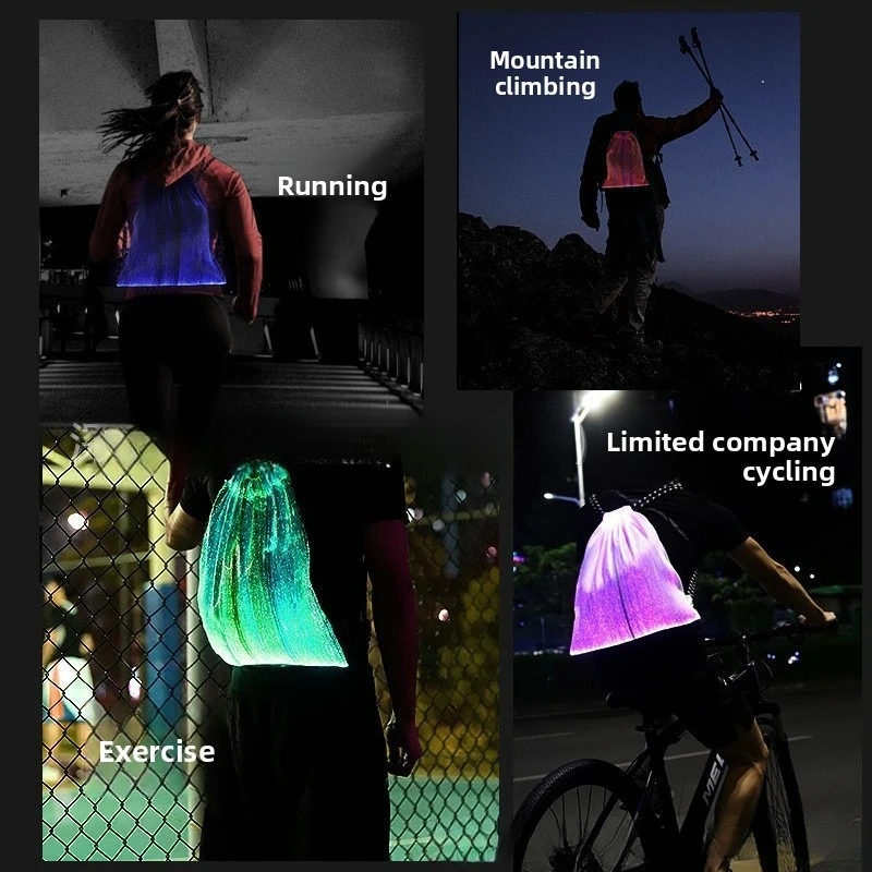 Tas Ransel Serat Optik LED untuk Olahraga Luar Ruangan, Tas Serut dengan Lampu RGB yang Berubah Warna, Cocok untuk Bersepeda, Mendaki, Pesta, Festival, Lampu Malam, Menari