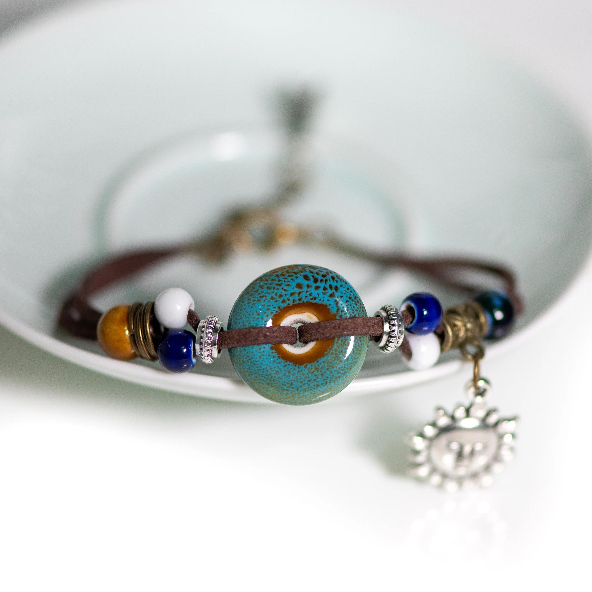 Bohemian Ceramic Sun Bracelet with Adjustable Chain Handcrafted Velvet and Alloy Design