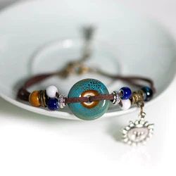 Bohemian Ceramic Sun Bracelet with Adjustable Chain Handcrafted Velvet and Alloy Design